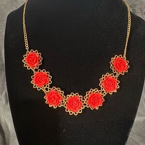 Elegant Gold and Red Rose Necklace